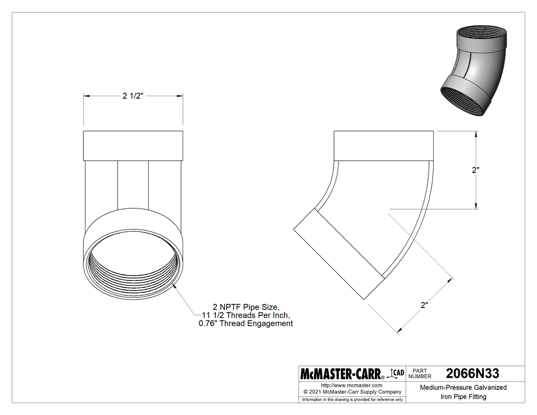 Technical Drawing of Medium-Pressure Galvanized Iron Pipe Fitting, 45 Degree Elbow Connector, 2 NPT Female.